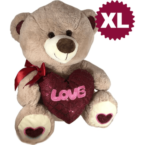 Teddybeer met Glitter Hart en Strikje (Beige) Pluche Knuffel 70 cm
